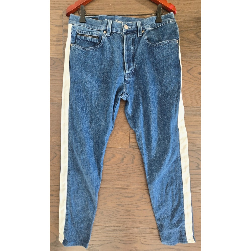 Calvin Klein Dad Jeans Mens 32X32 White Side Striped Button Fly Medium Wash Y2K
